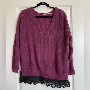 Urban Outfitters Kimchi Blue Chunky Oversized V Neck Sweater with Lace Hem